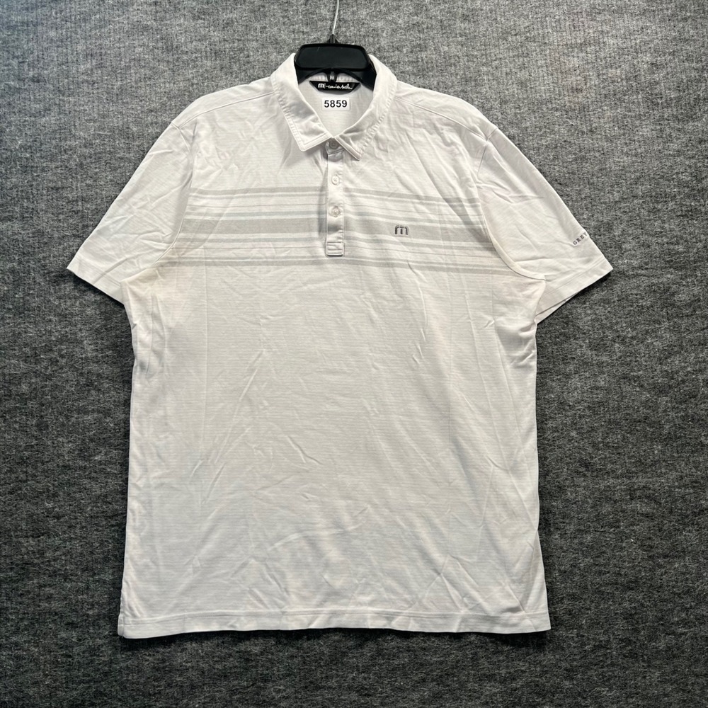 TravisMathew Mens Grey Rock Polo Shirt White Striped Golf Short Sleeve XL 5859
